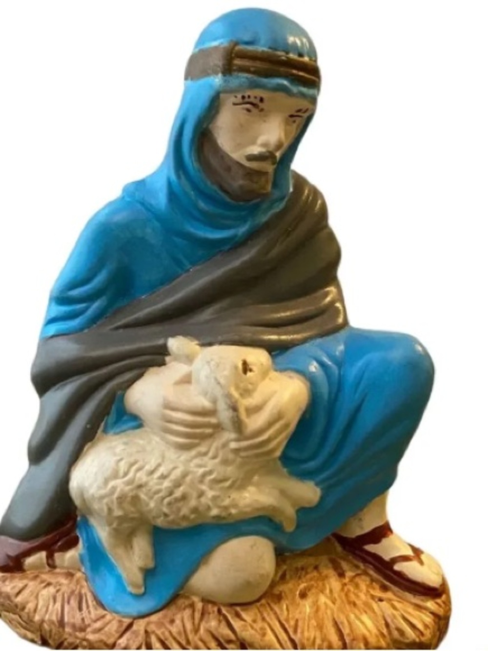 Blue Shepherd Figurine Holiday Pillow Accent with Cream Lamb